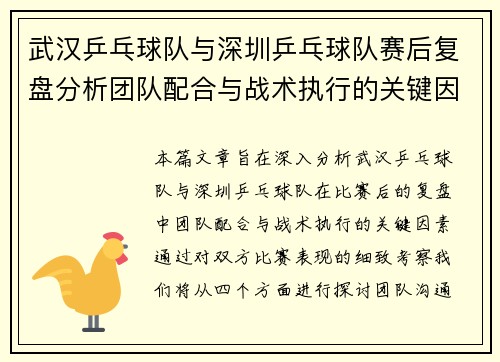 武汉乒乓球队与深圳乒乓球队赛后复盘分析团队配合与战术执行的关键因素